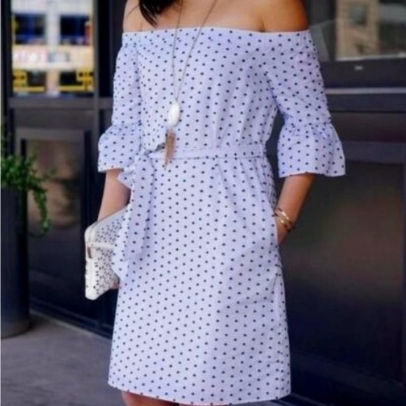 Banana Republic Swiss Dot Off Shoulder Dress Navy Blue Dots Belt Sz M Tall - Picture 2 of 15